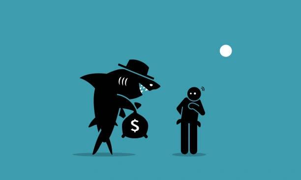 Image of a shark with a hat and a swag bag standing over a worried looking man